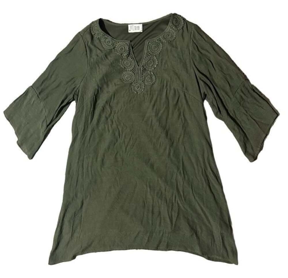Women's Olive Green Crochet Lace Yoke 3/4 Bell Sleeve Tunic Top Size 2X